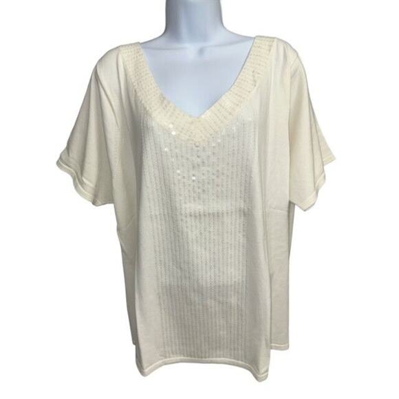 Linea By Louis Dell'Olia Top 3X Off-White Cotton Nylon Knit Sequins Short Sleeve - Picture 1 of 3